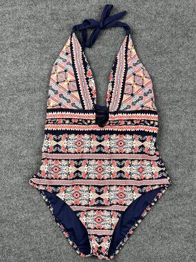 Kona Sol Women's Large Plunge Halter One Piece Swimsuit Geometric Floral Navy